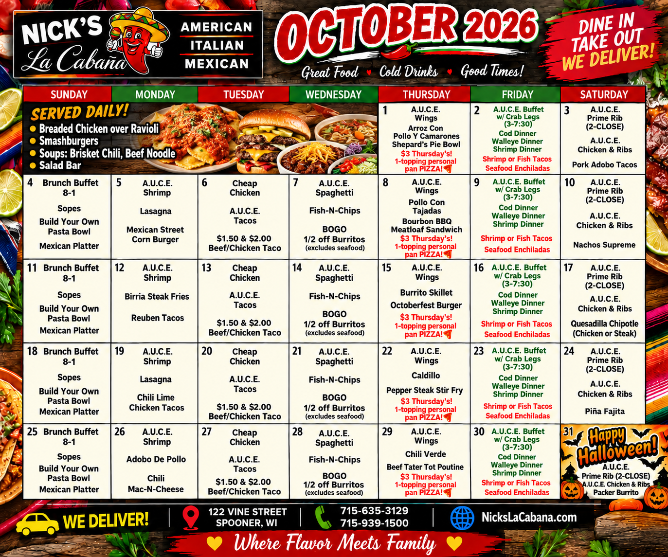 Nick's La Cabana October 2026 monthly specials calendar